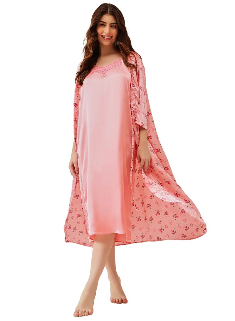 Clovia Pink Floral Print Long Nighty & Robe Set in Light Pink - Satin for Women | Best Price UAE